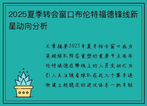 2025夏季转会窗口布伦特福德锋线新星动向分析